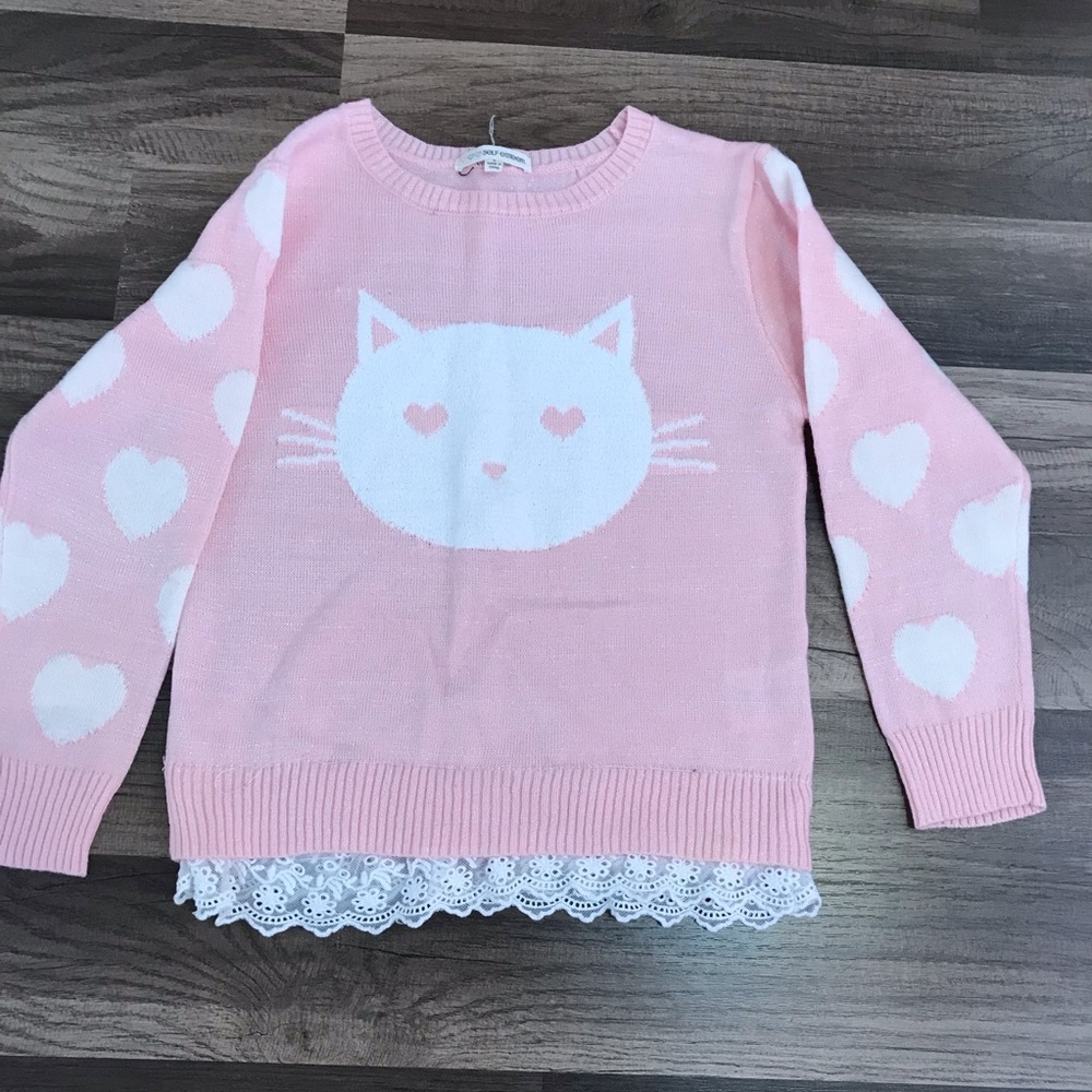 Pink kitten lace heart sweater girls size 6